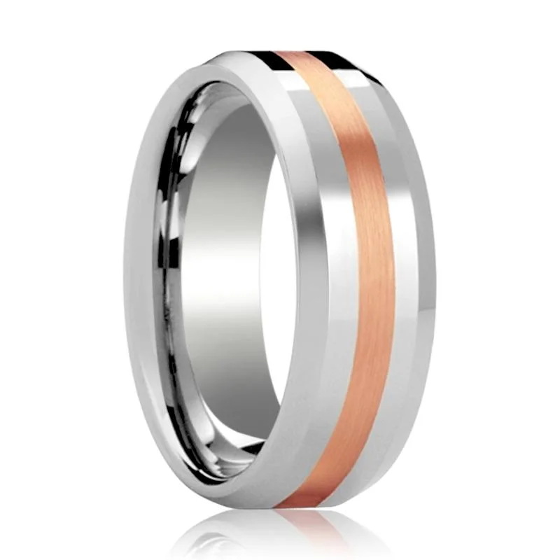 luxury solitaire engagement rings for women-CHIRON | Silver Tungsten Ring, 14k Rose Gold Stripe Inlay, Beveled