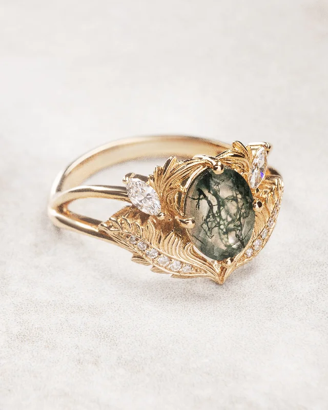 Oval moss agate ring with diamonds, fantasy engagement ring / Adonis