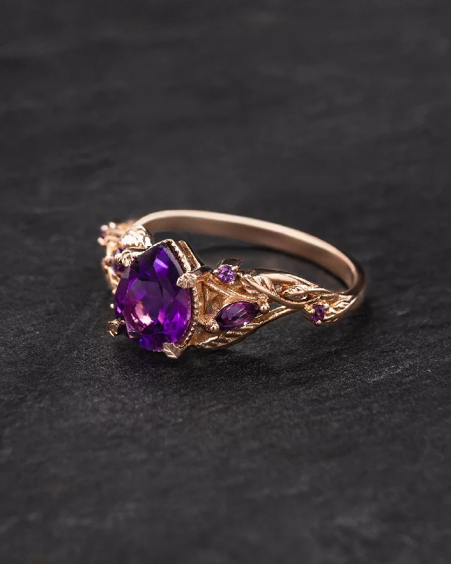 Dark amethyst engagement ring, gold vines and leaves proposal ring / Patricia