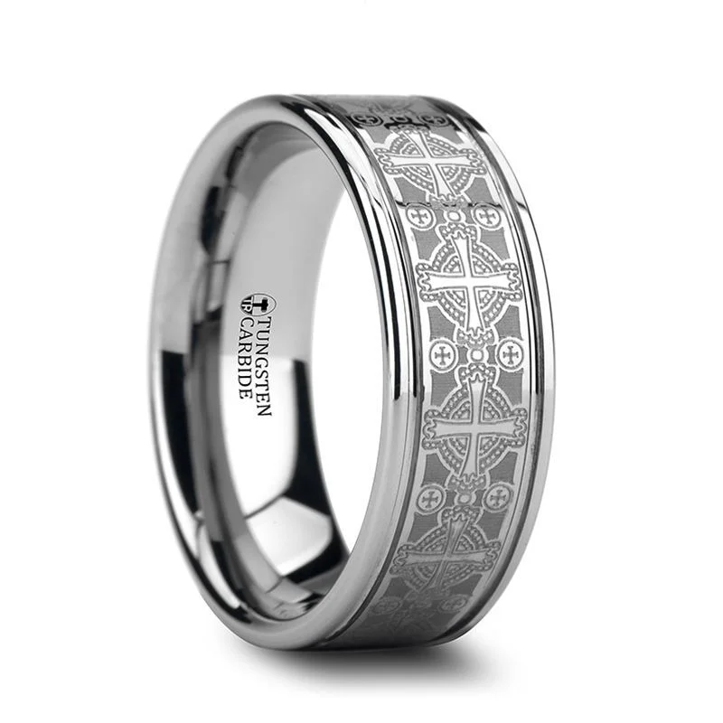 timeless engagement rings for women-DEACON | Silver Tungsten Ring, Laser Engraved Celtic Crosses, Flat