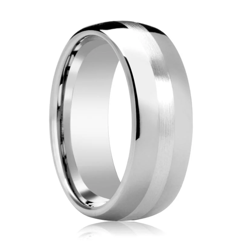 antique engagement rings for women-CASSIUS | Silver Tungsten Ring, Sterling Silver Stripe Inlay, Domed