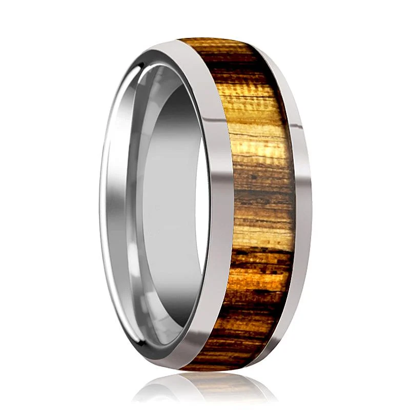 luxurious diamond engagement rings for women-TIGRE | Silver Tungsten Ring, Zebra Wood Inlay, Beveled