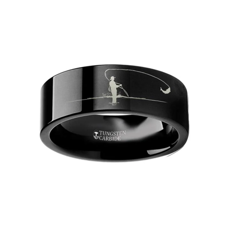 stackable diamond engagement rings for women-Fly Fishing Fishermen Print Engraved Black Tungsten Wedding Band for Men and Women - 4MM - 12MM