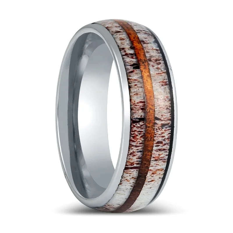 vintage-inspired engagement rings for women-BARRELSTAG | Silver Tungsten Ring, Whiskey Barrel, Deer Antler Inlay