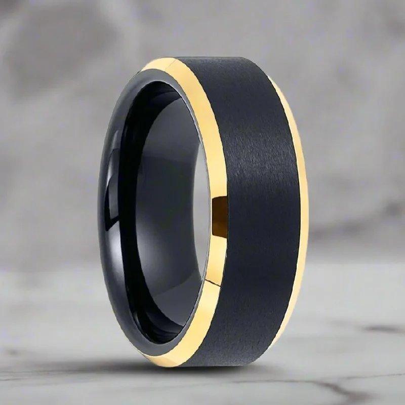 sparkling engagement rings for women-AERGLO | Black Tungsten Ring, Brushed, Gold Beveled Edges