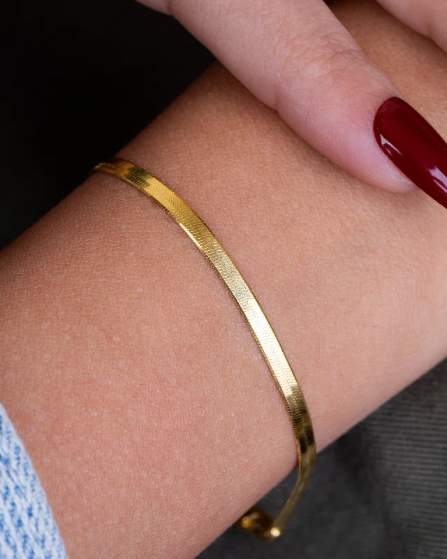 designer bangles for women-Herringbone Flat Snake Chain Gold Plated Bracelet