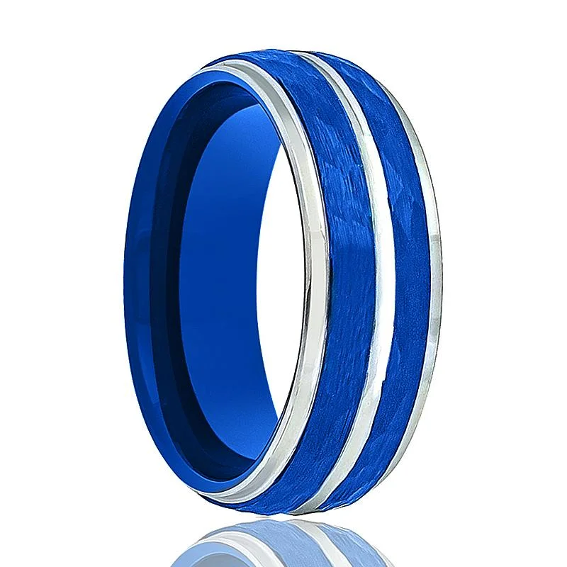 princess cut engagement rings with diamonds for women-KAMIKAZE | Blue Tungsten Ring, Silver Groove, Domed