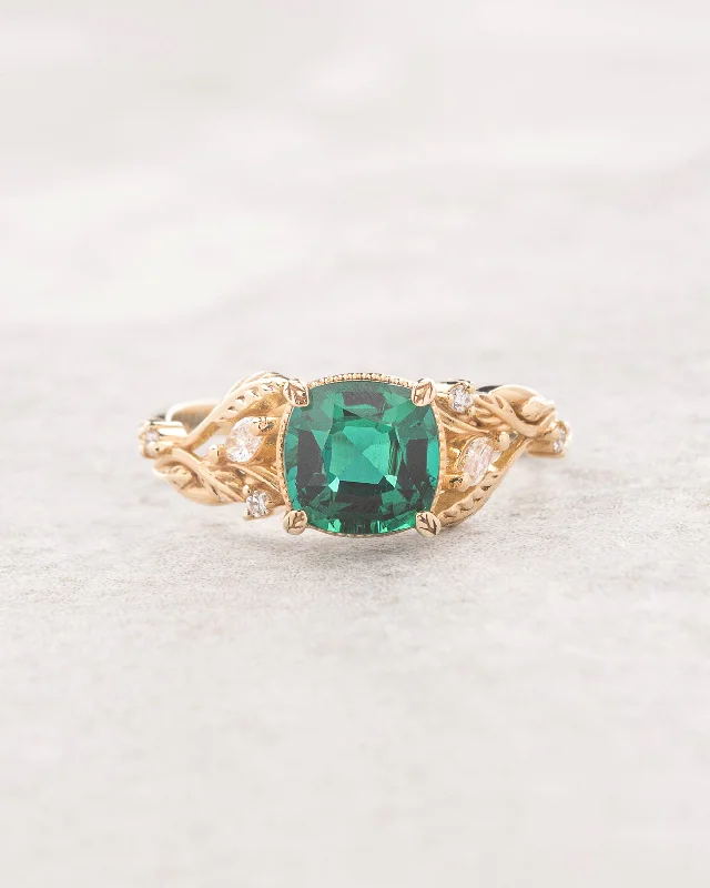 Cushion lab emerald and diamonds engagement ring, gold leaf proposal ring / Patricia