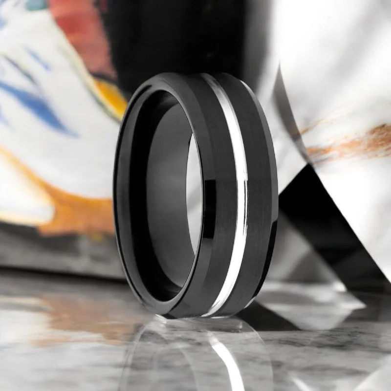 double band engagement rings for women-SAGAN | Black Tungsten Ring, Silver Shiny Groove, Beveled