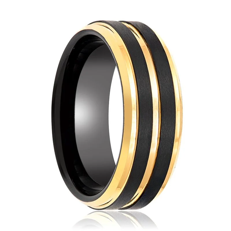 emerald cut engagement rings for women-VERTEX | Black Tungsten Ring and Yellow Pinstripe