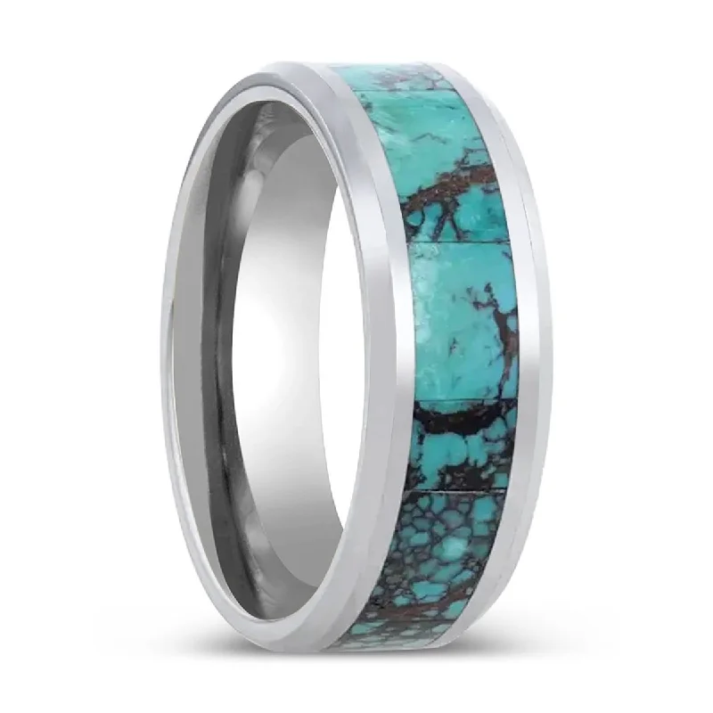 gold engagement rings for women-TURKIS | Tungsten Ring, Turquoise Spider, Beveled Polished Edges