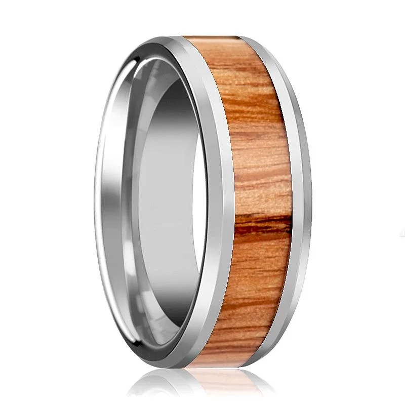 elegant engagement rings for women-VERMILLION | Silver Tungsten Ring, Red Oak Wood Inlay, Beveled