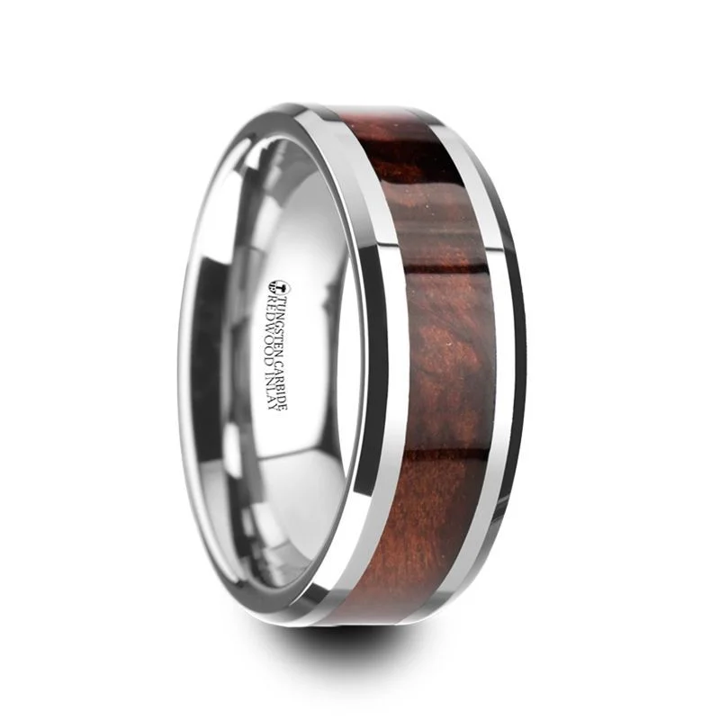 multi-stone engagement rings for women-AUBURN | Silver Tungsten Ring, Red Wood Inlay, Beveled