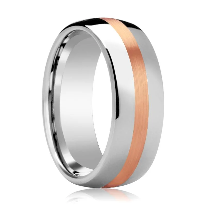 custom diamond engagement rings for women-ALPHEUS | Silver Tungsten Ring, 14k Rose Gold Stripe, Domed