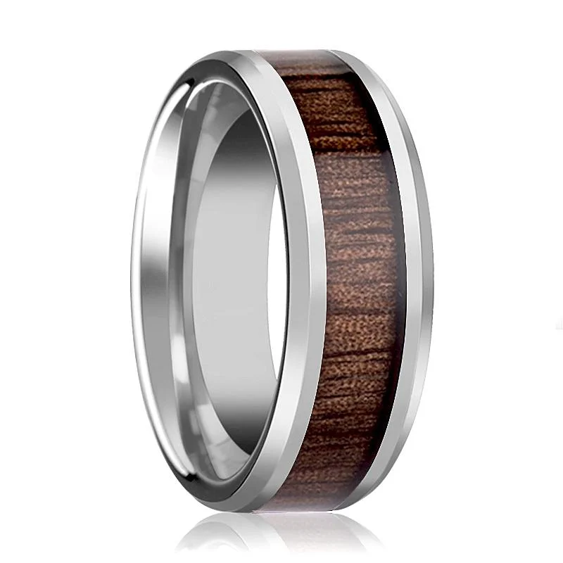 minimalist platinum engagement rings for women-HALIFAX | Silver Tungsten Ring, Red Wood Inlay, Beveled