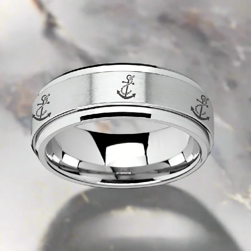 double band engagement rings for women-VOYAGE | Silver Tungsten Ring, Fidget Spinner, Laser Engraved Artistic Anchor, Beveled