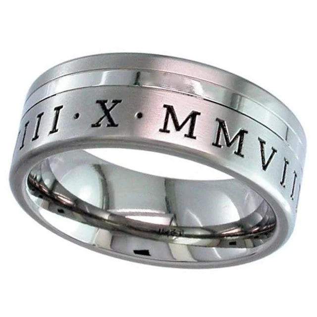 stylish engagement rings for women-Titanium Ring With Roman Numerals 2208GPRN