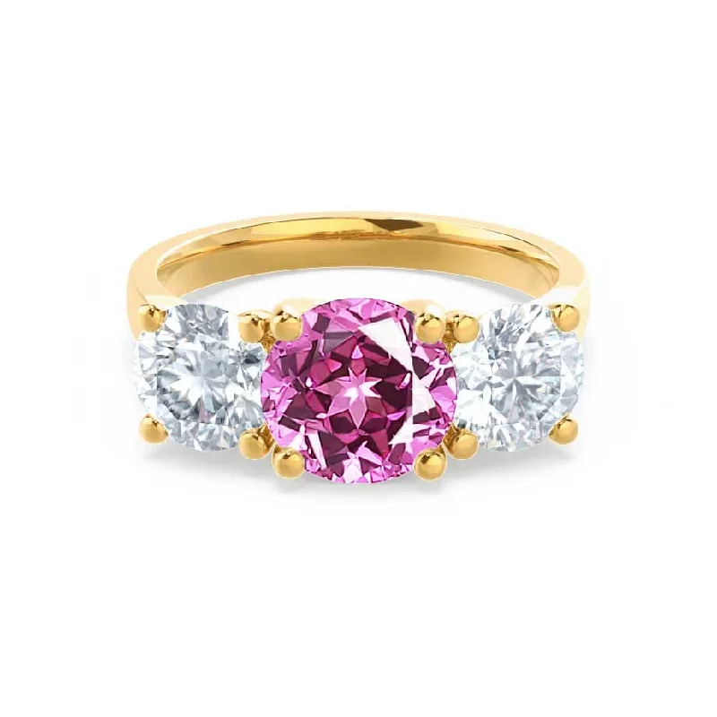 LEANORA - Chatham® Round Pink Sapphire 18k Yellow Gold Trilogy