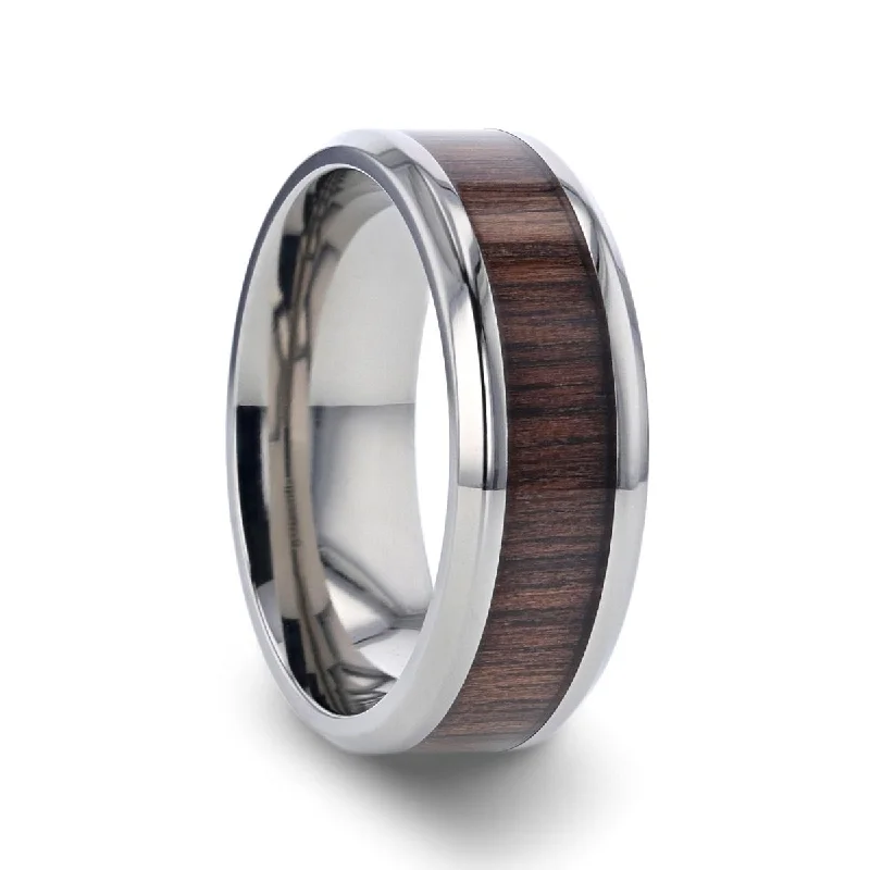 unique wedding engagement rings for women-SCOTIA | Silver Titanium Ring, Black Walnut Wood Inlay, Beveled