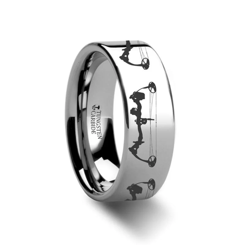 stackable diamond engagement rings for women-Laser Engraved Bow Archery Design Flat Tungsten Carbide Everyday Ring for Men and Women - 4MM - 12MM