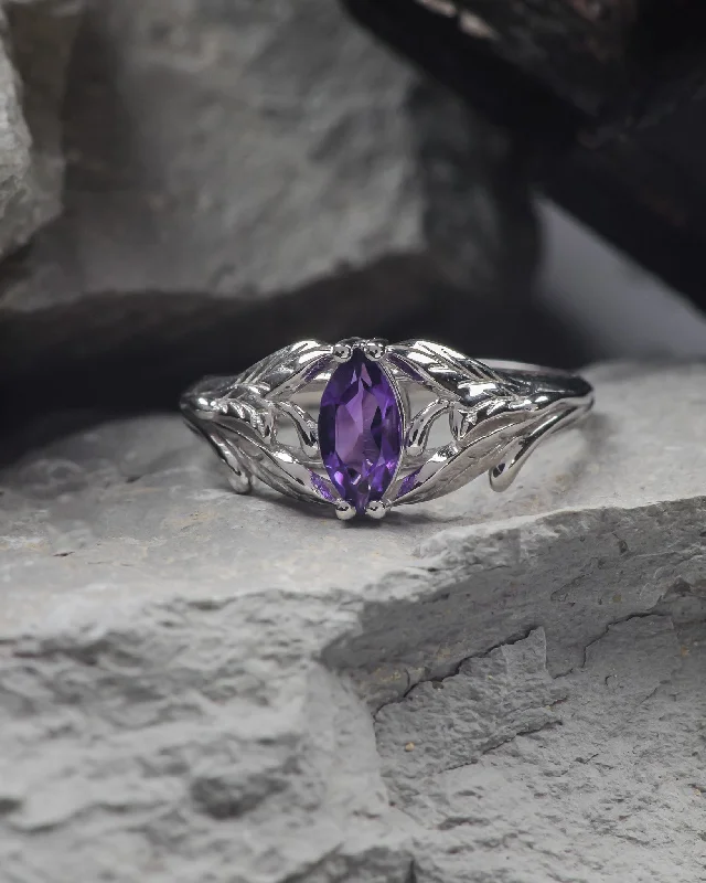 Natural amethyst engagement ring, leaf proposal ring with marquise cut gemstone / Wisteria