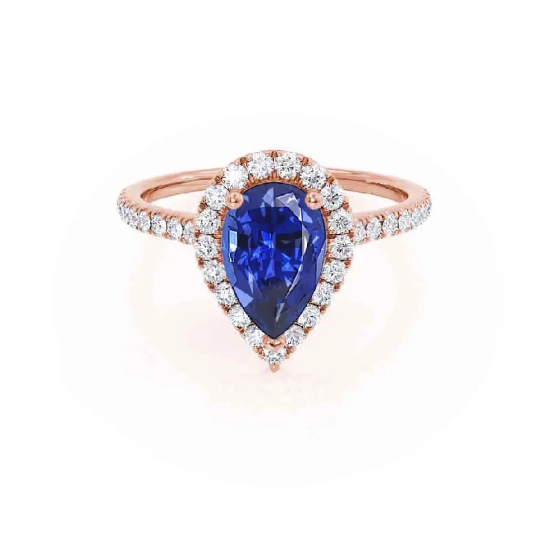 HARLOW - Chatham® Pear Blue Sapphire & Diamond 18k Rose Gold Halo