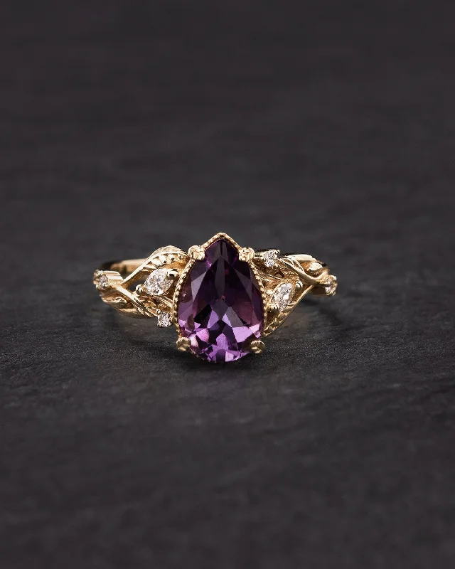 Dark amethyst nature engagement ring, twig gold ring with diamonds / Patricia