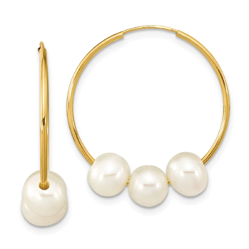 statement earrings for women-14k Real Yellow Gold 6 to 7mm Round White Fresh Water Pearl Hoop Endless Earrings, 26mm