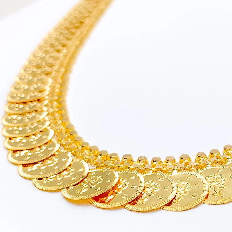 silver necklaces for women-Dazzling Floral Coin 22k Gold Necklace