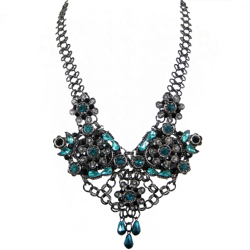 heart-shaped necklaces for women-#1132n Silver Tone, Jet, Crystal & Aqua Floral Bib Necklace