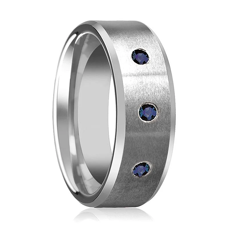 classic wedding engagement rings for women-JOSIAH | Satin Tungsten Ring 3 Blue Sapphires