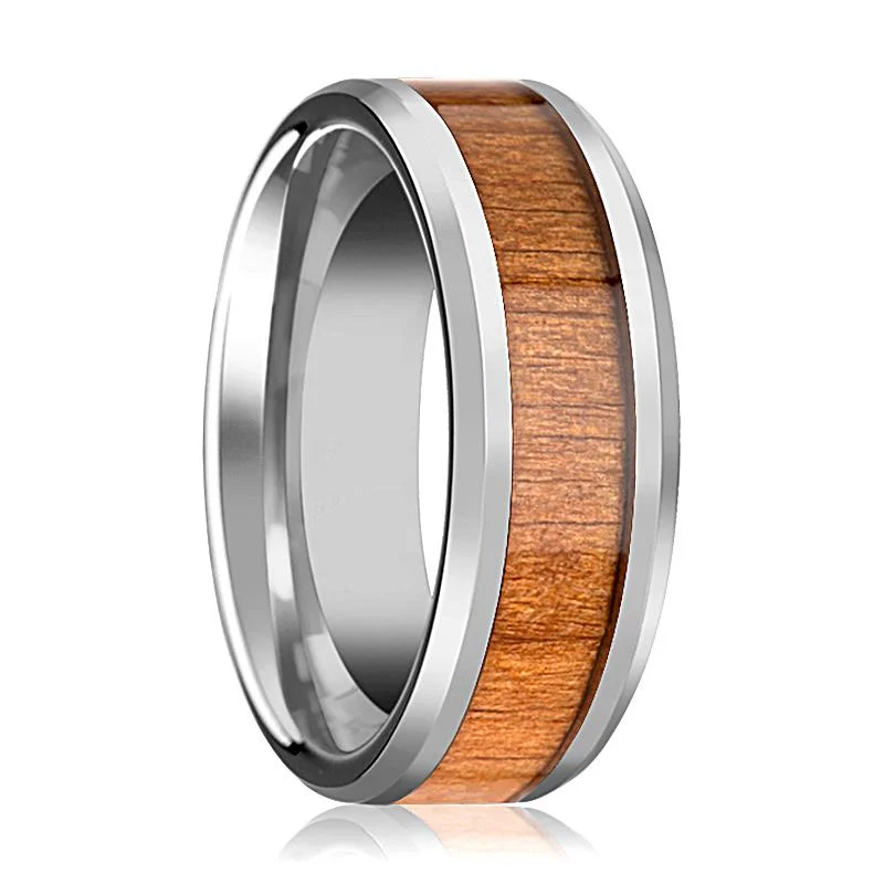 top rated engagement rings for women-BRUNSWICK | Silver Tungsten Ring, American Cherry Wood Inlay, Beveled