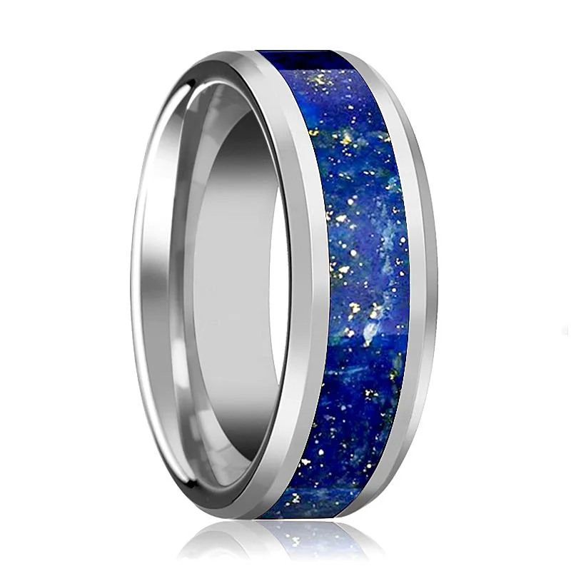 modern round engagement rings for women-OSIAS | Tungsten Ring, Blue Lapis Inlay, Beveled