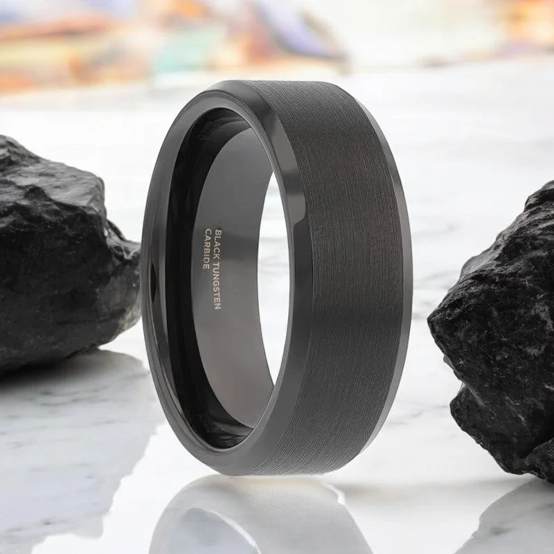 ethically sourced engagement rings for women-ELISE | Black Tungsten Ring, Brushed Center, Beveled