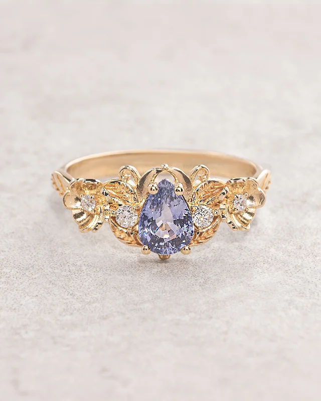 Purple sapphire engagement ring with diamonds, gold flower style gold proposal ring / Adelina