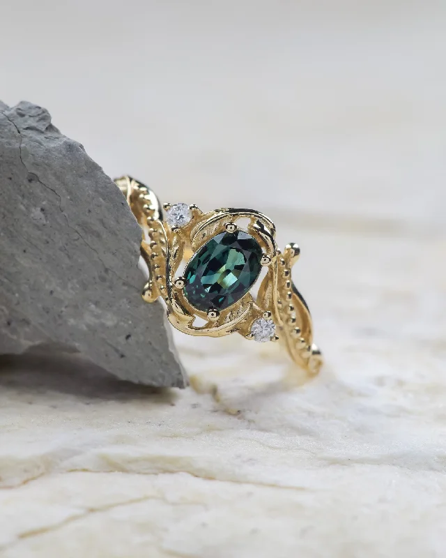 Oval teal sapphire engagement ring with diamonds / Undina