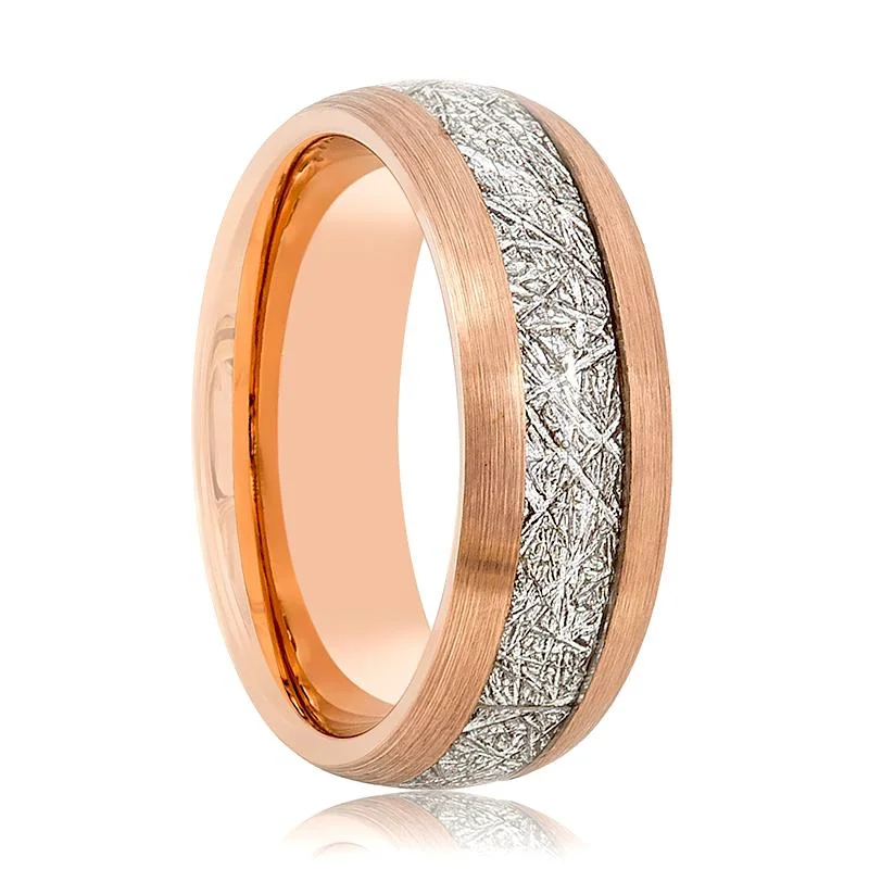 bridal solitaire engagement rings for women-CRUX | Rose Gold Tungsten Ring, Imitation Meteorite Inlay, Domed