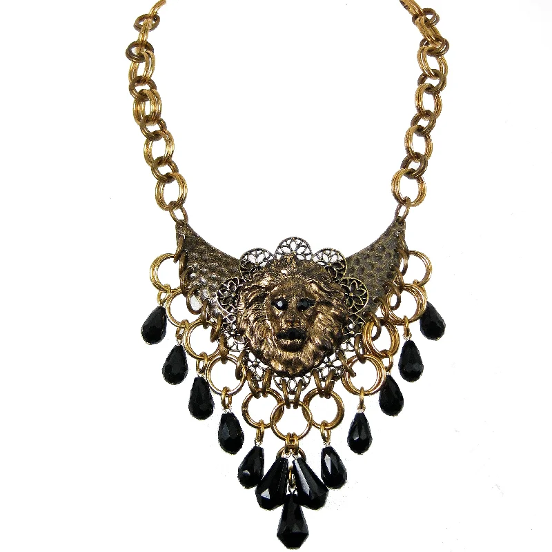 birthstone necklaces for women-#1135n Gold Tone Filigree, Lion Head & Jet Bib Necklace