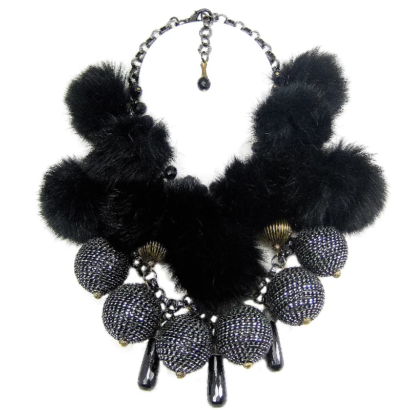 crystal necklaces for women-#877n Mixed Metal Bead, Jet Bead, Chain & Fur Pom Pom Bib Necklace