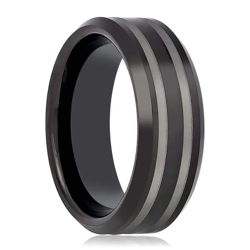 affordable custom engagement rings for women-WOLSEY | Black Tungsten Ring, Double Laser Engraved Lines, Beveled