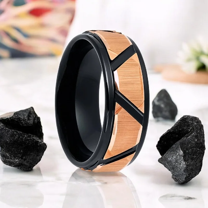 unique solitaire engagement rings for women-FISONE | Black Tungsten Ring, Rose Gold Trapezoids Design, Stepped Edge