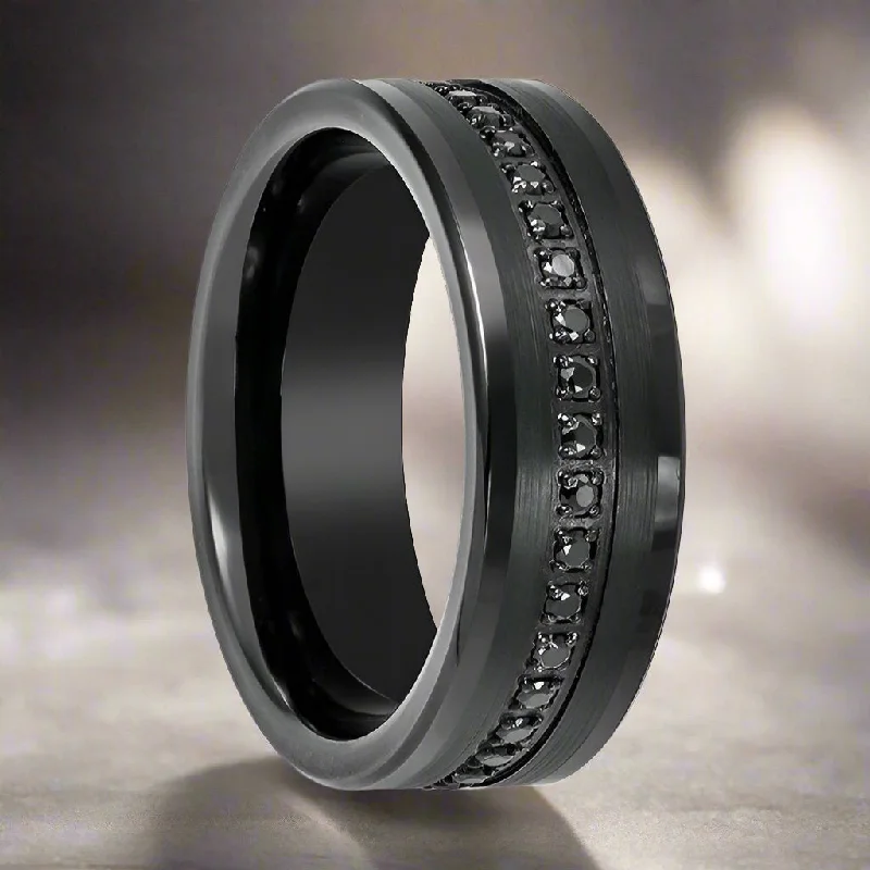 diamond engagement rings for women-APODIS | Black Tungsten Ring, Black Sapphire Stone, Flat