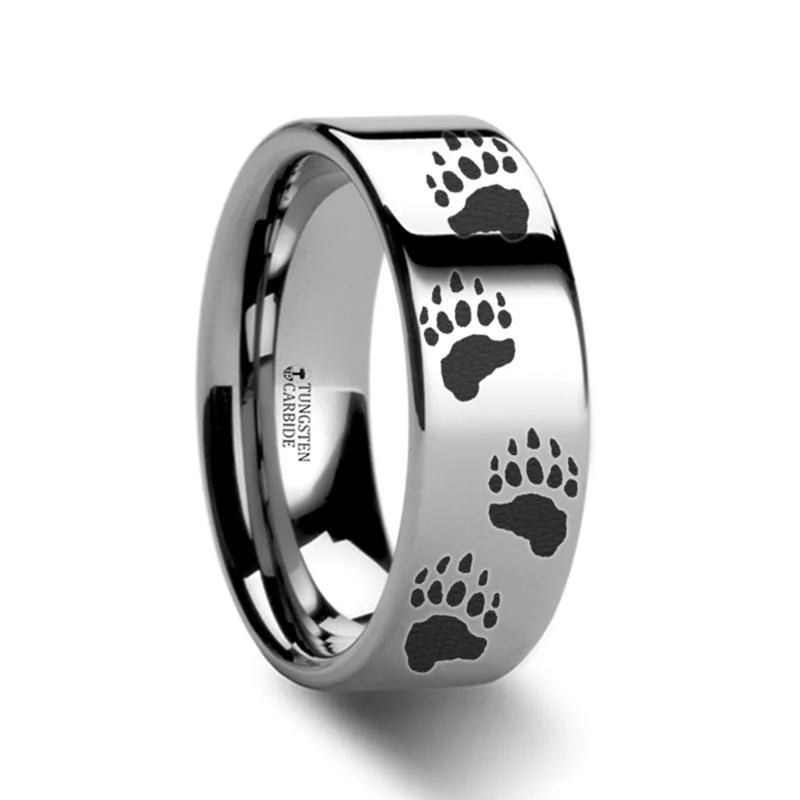 bridal solitaire engagement rings for women-Animal Design Bear Paw Print Laser Engraved Flat Tungsten Wedding Ring for Men and Women - 4MM - 12MM