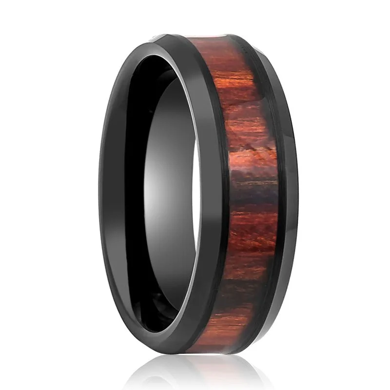 luxury platinum engagement rings for women-WARDEN | Black Tungsten Ring, Dark Mahogany Wood Inlay, Beveled Edge