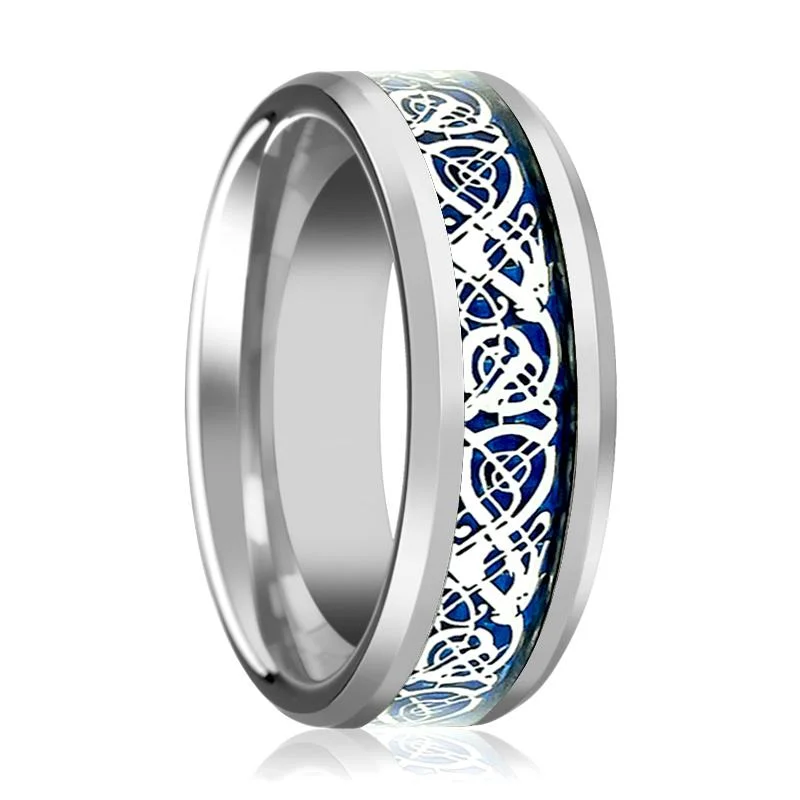 ruby engagement rings for women-POET | Silver Tungsten Ring, Blue Celtic Dragon Inlay, Beveled