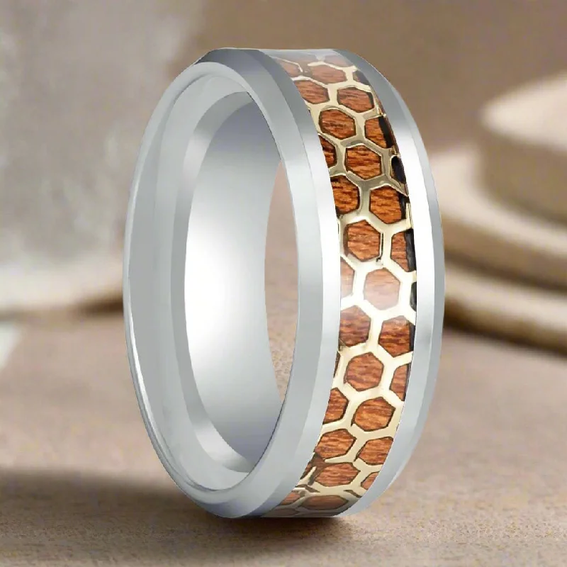 unique engagement rings for women-BUZZARD | Silver Tungsten Ring, Honeycomb, Rosewood Inlay, Beveled Edge