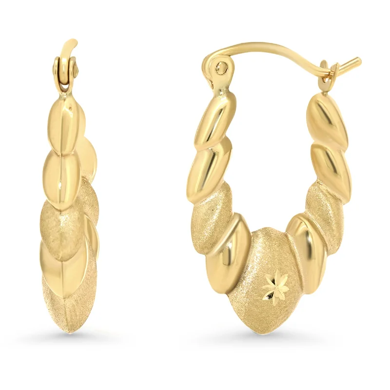 silver hoop earrings for women-14k Yellow Gold Textured Shrimp Scalloped Hoops Door Knocker Earrings with Latch Back