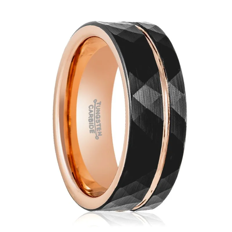 round-cut engagement rings for women-ORLANDO | Rose Gold Tungsten Ring, Hammered, Rose Groove, Flat