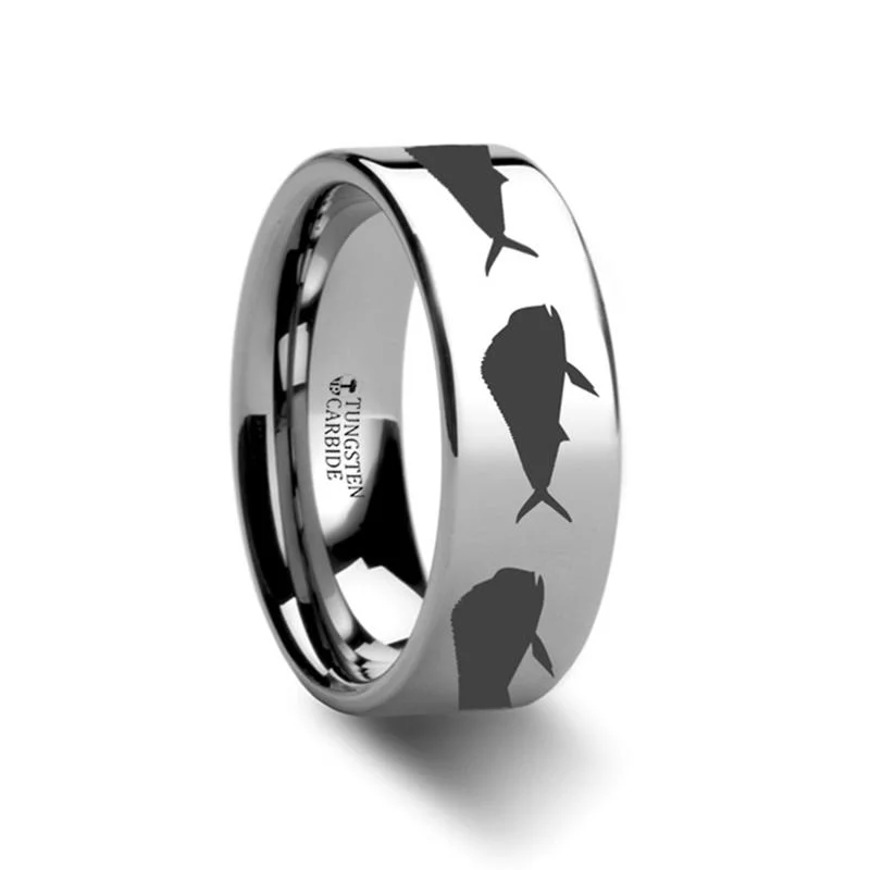 pear-shaped engagement rings for women-Mahi Fish Jumping Sea Pattern Print Laser Engraved Flat Tungsten Couple Matching Ring - 4MM - 12MM