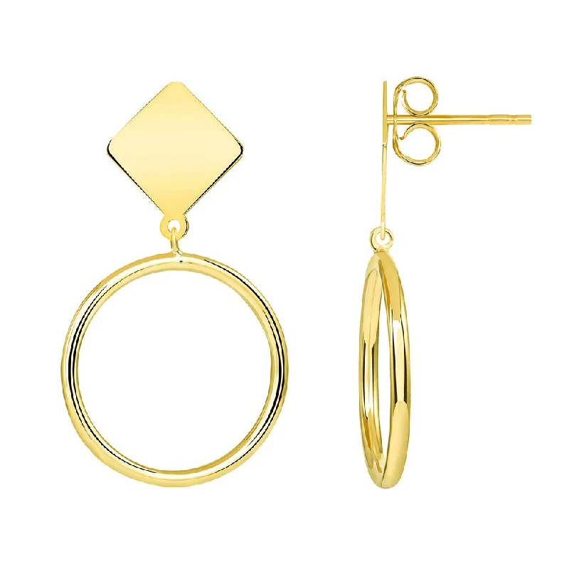 bridal jewelry earrings for women-14k Yellow Gold Circle of Life Hoop Dangle Drop Earrings with Diamond Shaped Post Friction Back